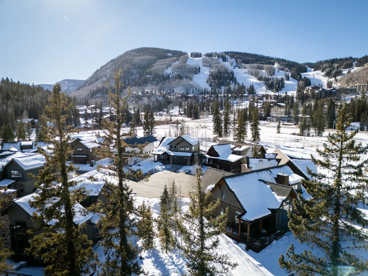 A panoramic exterior view of snow-covered mountains, cozy wooden chalets, and towering pine trees beneath a clear blue sky. The scene captures both the majestic setting and the welcoming atmosphere of a mountain retreat, suggesting proximity to outdoor activities like skiing and snowboarding.